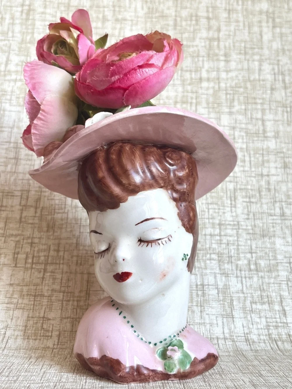 Vintage Lady Head Vase Ceramic Planter Glamour Girl 1940s Flower Vase - Picture 3 of 10